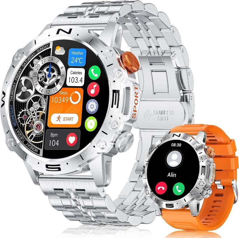 SIEMORL Smartwatch (1,43 Zoll, Android iOS), Herren Telefonfunktion Fitnessuhr Armbanduhr 100 Sportmodi 360mAh Akku von SIEMORL