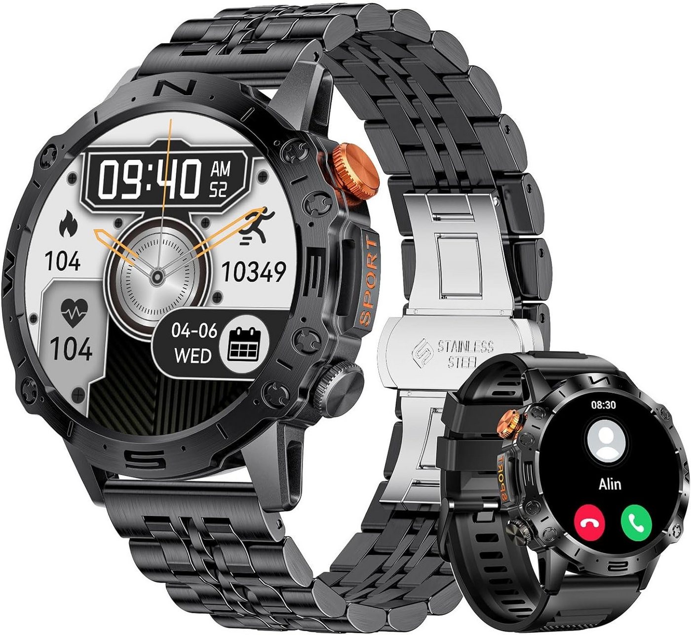 SIEMORL Smartwatch (1,43 Zoll, Android iOS), Herren mit Telefonfunktion 20 Sportmodi Wasserdicht Fitness Militäruhr von SIEMORL