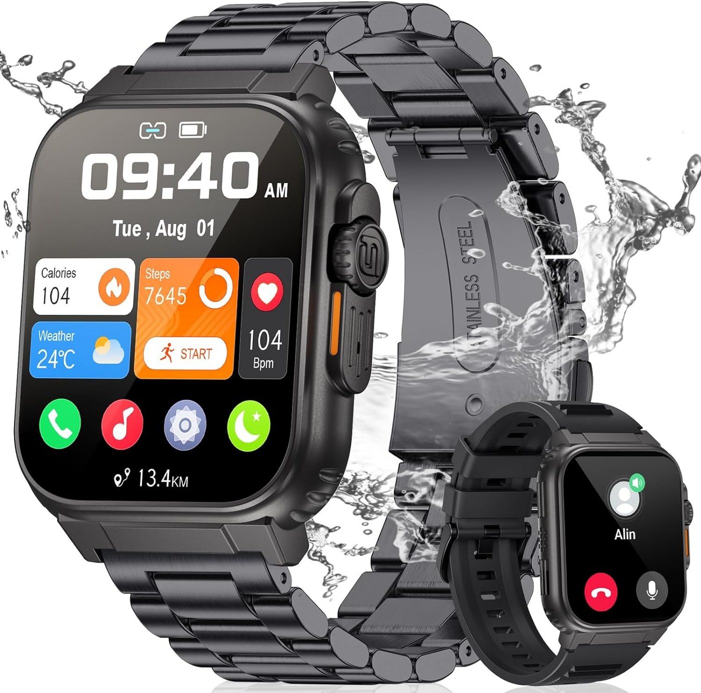 SIEMORL Smartwatch (1,96 Zoll, Android, iOS), mit Telefonfunktion 123 Sportmodi mit IP68 Wasserdicht Sportuhr SpO2 von SIEMORL