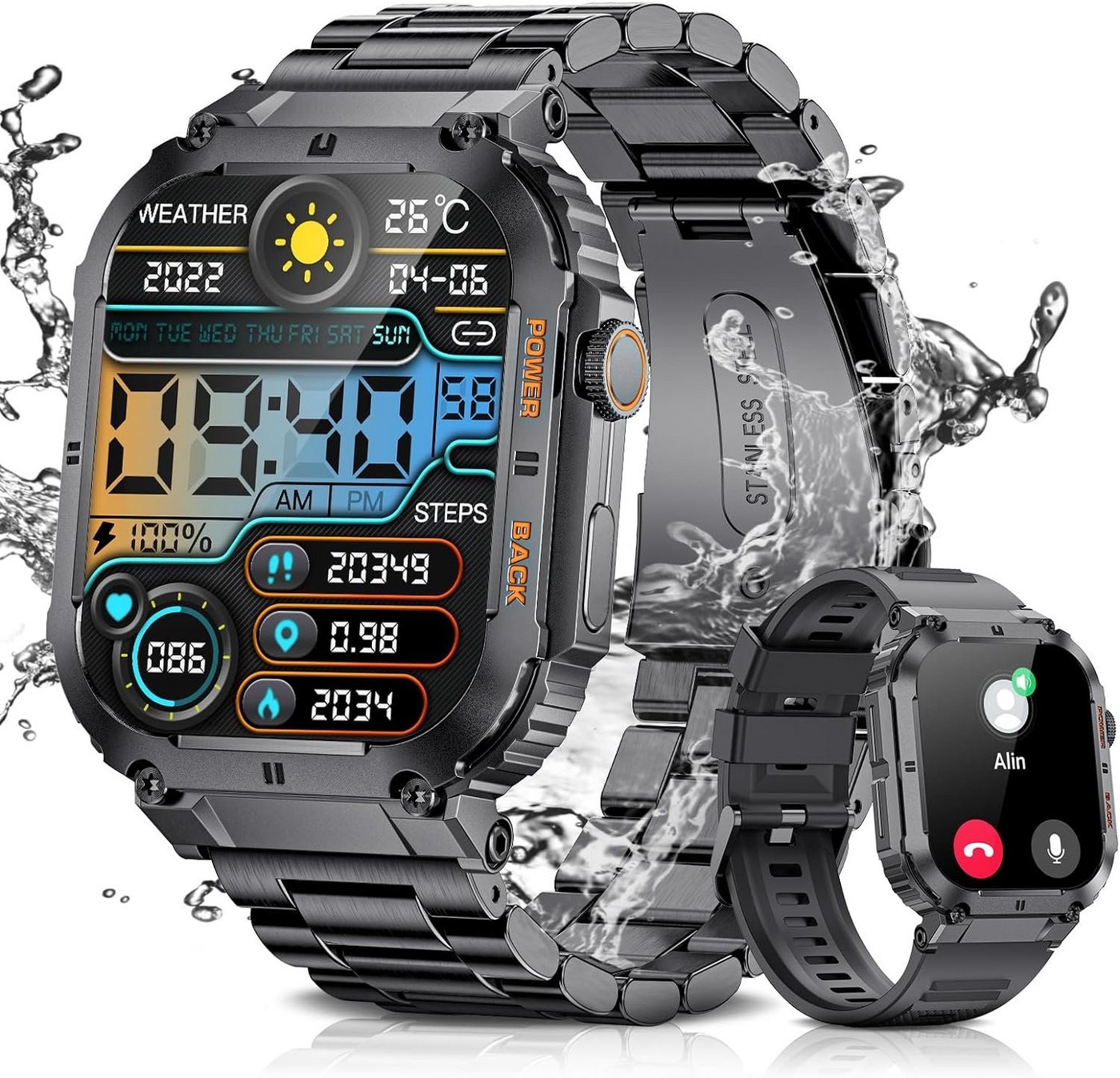 SIEMORL Smartwatch (1,96 Zoll, Android iOS), Herzfrequenzmessung fitnessuhr mit wasserdicht schlafmonitor für von SIEMORL
