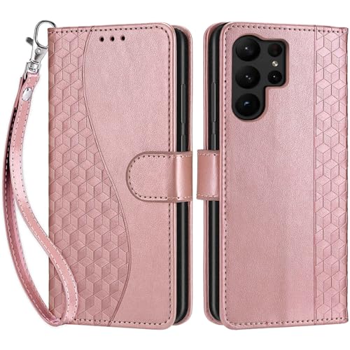 Handyhülle für Samsung Galaxy S23 Ultra Hülle, Premium PU Leder Flipcase Magnetverschlüsse Schutzhülle Klapphülle mit Kartenhalter Faltbare Brieftasche Hülle für Samsung Galaxy S23 Ultra - Roségold von SIENIANLINE