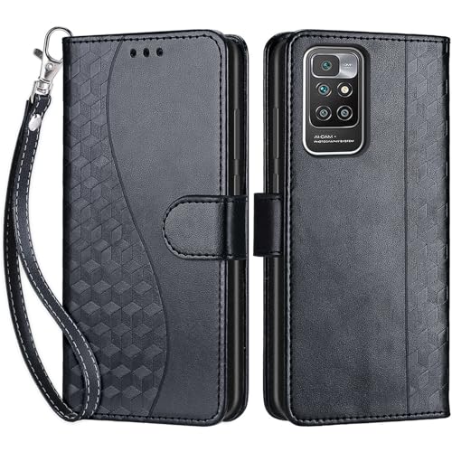 Handyhülle für Xiaomi Redmi 10 / Redmi 10 2022 Hülle, Premium PU Leder Flipcase Schutzhülle Klapphülle mit Kartenschlitz und Faltbare Brieftasche Hülle für Redmi 10 Prime / 10 Prime 2022 - Schwarz von SIENIANLINE