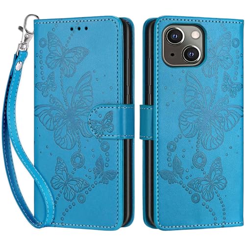 Handyhülle für iPhone 13 / iPhone 14 Hülle, Premium PU Leder Flipcase Schutzhülle Klapphülle mit Kartenschlitz und Faltbare Brieftasche Hülle für iPhone 13 / iPhone 14 - Blau von SIENIANLINE