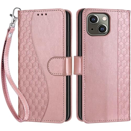 SIENIANLINE Handyhülle für iPhone 13 / iPhone 14 Hülle, Premium PU Leder Flipcase Schutzhülle Klapphülle mit Kartenschlitz und Faltbare Brieftasche Hülle für iPhone 13 / iPhone 14 - Roségold von SIENIANLINE