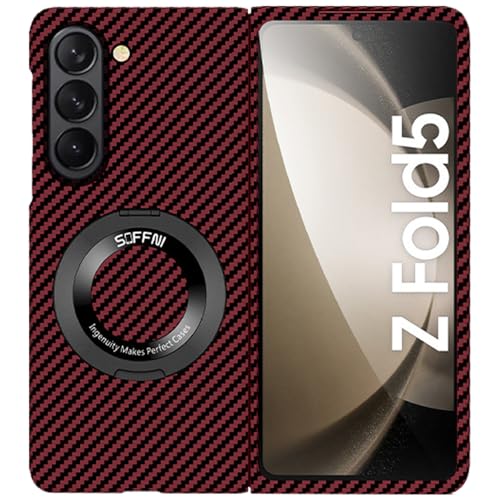 SIFANGDA Hülle für Samsung Galaxy Z Fold 5 Kompatibel mit MagSafe, Kohlefaser Handyhüllen, 360° Drehbarer Versteckte Magnetische Ring Ständer, Fold5 Dünne Schutzhülle - Rot von SIFANGDA