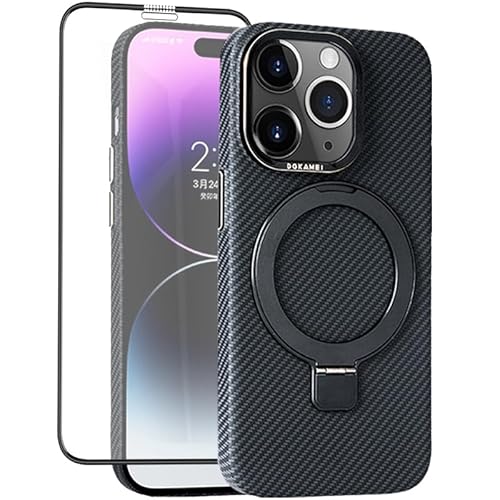 SIFANGDA Kohlefaser iPhone 15 Pro Max Hülle Kompatibel mit MagSafe, Kohlefaser Handyhüllen, Versteckte Magnetische Ring Ständer, Dünne Schutzhülle (2024) - Schwarz von SIFANGDA
