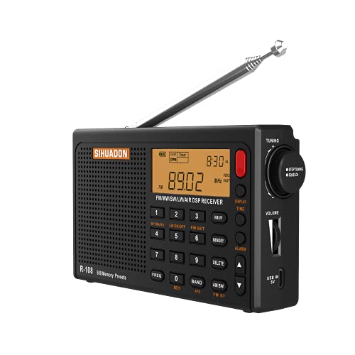 SIHUADON R-108 Kleines Tragbare Radios Wiederaufladbares Batterieradio UKW FM AM SW Airband Radio weltempfänger digitalradio mit ATS-Stationsspeicher Sleep-Funktion (Schwarz) von SIHUADON