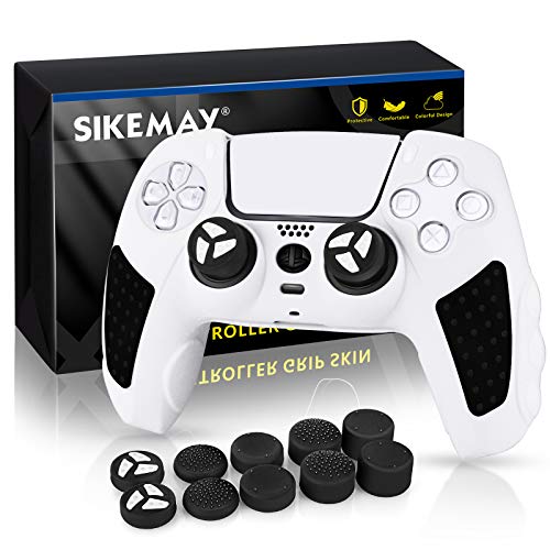 SIKEMAY PS5 Controller Skin, Anti-Rutsch Dicke Silikon Schutzhülle Perfekt Kompatibel mit Playstation 5 Dualsense Controller Grip mit 10 x Daumengriffkappen (Weiß-Schwarz) von SIKEMAY