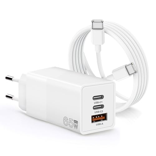 65W USB-C GaN 3-Port-Ladegerät Netzteil für Mac Book Pro, Mac Book Air, Google, ThinkPad, Dell XPS, iPad Pro, Galaxy, iPhone, inklusive 1,8 m USB C zu C Extra-langes Kabel von SIKER