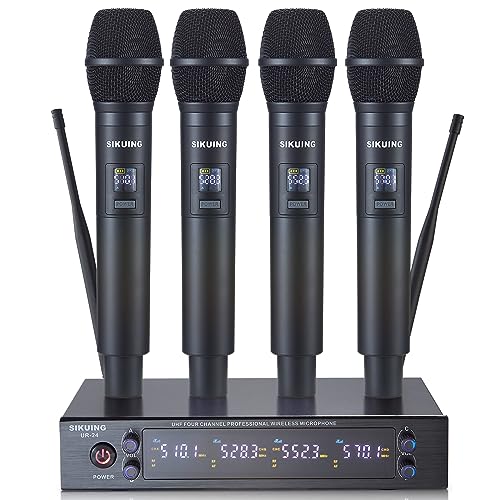 SIKUING 4-Kanal UHF Wireless Microphone System mit schnurlosen Handheld-Mikrofonen, 4x50 einstellbare Frequenzen, ideal für Karaoke Meeting Kirche, 300ft Reichweite (4 Handheld) von SIKUING