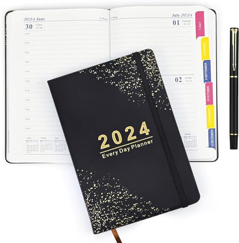 2024 Tagesplaner A5, 12 Monats Wochenkalender(Jan.2024-Dez.2024), Hardcover-Notizbuch mit Gummiband, Stift, Terminplaner 2024, 312 pages, 22X14cm (Schwarz) von SIMDAO