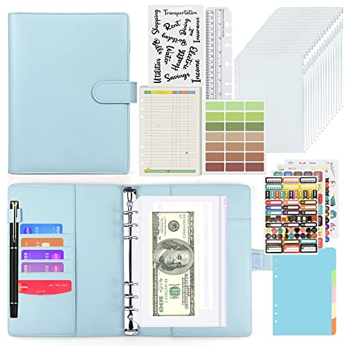 A5 Binder Notizbuch Set, PU Leder Loseblatt Notizbuchmit 12 Pcs Binder Taschen, 45 Budget-Beilagen, Etikettenaufkleber, Lineal und 5 Farbige Binder-Teiler, Für Financial Planner, Geldsparen(Blau) von SIMDAO