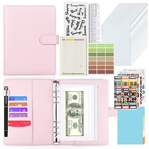 A5 Binder Notizbuch Set, PU Leder Loseblatt Notizbuchmit 12 Pcs Binder Taschen, 45 Budget-Beilagen, Etikettenaufkleber, Lineal und 5 Farbige Binder-Teiler, Für Financial Planner, Geldsparen(Rosa) von SIMDAO