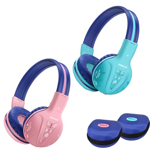 SIMOLIO 2 Stück Wireless Bluetooth Kopfhörer Kinder mit Hardcase und Share Port,Kabelloser kindersicherer Kopfhörer mit Begrenzter Lautstärke,Over-Ear-Wireless-Kopfhörer für Mädchen, Jungen Mint+Pink von SIMOLIO