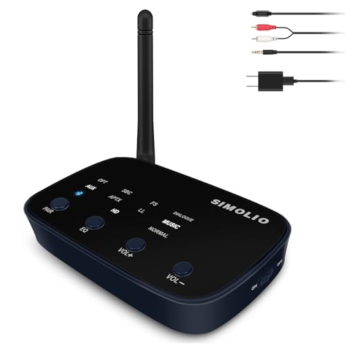 SIMOLIO Bluetooth Empfänger für Stereoanlage, Bluetooth 5.0 Receiver HiFi mit Cinch/3,5mm AUX/optische, Unterstützt aptX HD & aptX Low Latency, Bis zu 197 Fuß Lange Reichweite von SIMOLIO