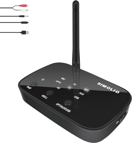 SIMOLIO JH201D Bluetooth Transmitter für TV, aptX Low Latency Bluetooth Sender Adapter für 2 BT Kopfhörer/Lautsprecher, Wireless Audio Adapter mit bis zu 197 Fuß Reichweite, Optisch, 3,5 mm AUX, RCA von SIMOLIO