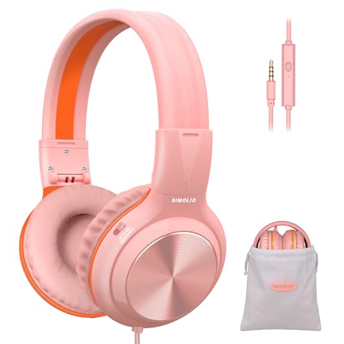 SIMOLIO Kopfhörer mit 1,5 Meter langem Kabel, Kopfhörer für Mädchen mit Mikrofon und Lautstärkeregler, Faltbar und tragbare Kopfhörer mit Tragetasche, 85dB 94dB 104dB Volume Limiting-SM-904 Pink von SIMOLIO