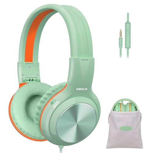 SIMOLIO Kopfhörer mit Kabel für Mädchen und Jungen, mit MIC und 85dB 94dB 104dB Lautstärkeregler, 3,5mm-AUX-Share-Anschluss zum Anschließen eines zweiten Kopfhörers-SM-904 Grün von SIMOLIO