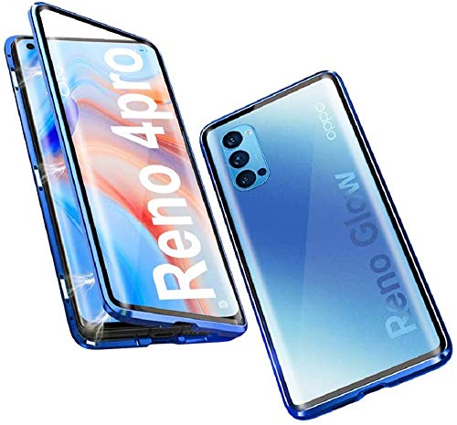 Hülle für Oppo Reno 4 Pro 5G Handyhülle Magnetische Adsorption 360 Grad Schutz Ultra dünn Metallrahmen Schutzhülle Vorne und Hinten Transparent Gehärtetem Glas Schutz Flip Cover für Reno 4 Pro,Blau von SIMao