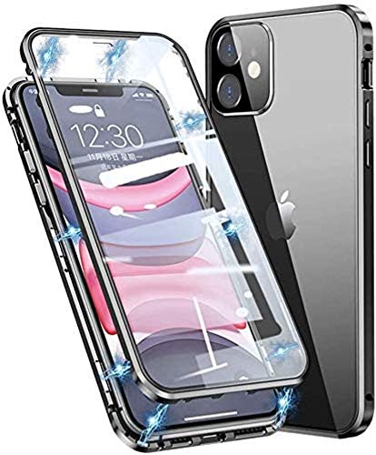 Hülle für iPhone 12 Mini Handyhülle 360 Grad Komplettschutz Magnetische Adsorption Ultra dünn Metallrahmen Schutzhülle Vorne und Hinten Transparent Gehärtetem Glas Schutz Flip Cover,Schwarz von SIMao