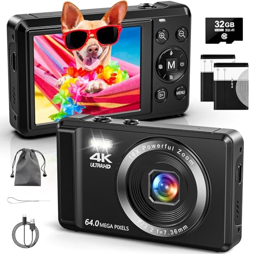 4K Digitalkamera mit 32 GB TF-Karte 64 MP Autofokus Fotoapparat mit 16X Digitalzoom Tragbar Kompaktkamera mit wiederaufladbare 2 1200mAh Batterien, USB-Kabel, für Teenager Erwachsene Anfänger von SINEXE