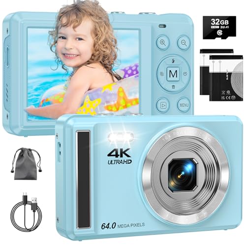 4K Digitalkamera mit 32 GB TF-Karte 64 MP Autofokus Fotoapparat mit 16X Digitalzoom Tragbar Kompaktkamera mit wiederaufladbare 2 1200mAh Batterien, USB-Kabel, für Teenager Erwachsene Anfänger von SINEXE