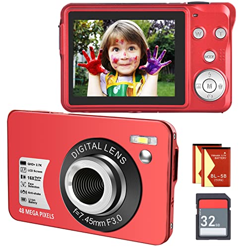 Digitalkamera, kompakte Kinderkamera mit SD-Karte, 48 MP, 2,7 K/20 fps, 6,9 cm (2,7 Zoll), LCD-Anti-Shake-Photoflash-Selfile für Kinder, Teenager, Anfänger, Geschenk (rot) von SINEXE