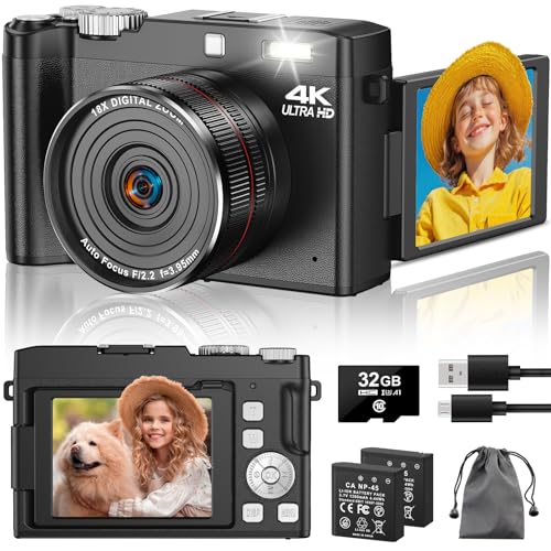 Digitalkamera 4K 64MP Fotokamera mit 180° Flip 2.8" Bildschirm, 18X Autofokus Kompaktkamera mit 32G SD Karte& Zwei Batterien für Kinder Erwachsene Ältere Anfänger von SINEXE