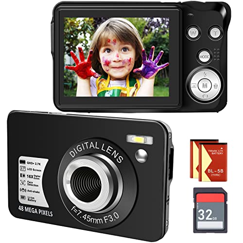 Digitalkamera Kinderkamera Kompakte Vlogging-Kamera mit SD-Karte 48MP 2.7K/20FPS 2.7-Zoll-LCD-Bildschirm Anti-Shake Photoflash Selfile für Kinder Teenager Anfänger Geschenk (Schwarz) von SINEXE