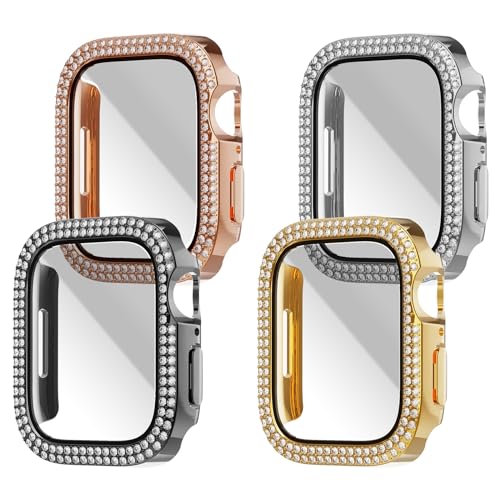SINGEAR Double Diamonds Bling Displayschutzfolie Hülle kompatibel für Apple Watch SE Serie 6/5/4 44 mm, glänzende Kristall-Strass-Stoßfängerabdeckung für Frauen und Mädchen, Schwarz + Silber + Gold + von SINGEAR