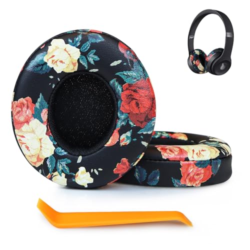 SINOWO Ersatz-Ohrpolster für Beats Solo 2 & Solo 3 kabellose On-Ear-Kopfhörer, Solo2 Solo3 Ohrpolster mit Geräuschisolierung, Memory-Schaum, weiches Protein-Leder (schwarze Blume) von SINOWO