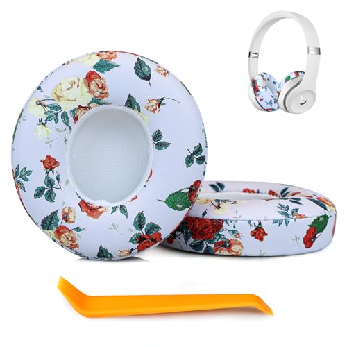SINOWO Ersatz-Ohrpolster für Beats Solo 2 & Solo 3 kabellose On-Ear-Kopfhörer, Solo2 Solo3 Ohrpolster mit Geräuschisolierung, Memory-Schaum, weiches Protein-Leder (weiße Blume) von SINOWO