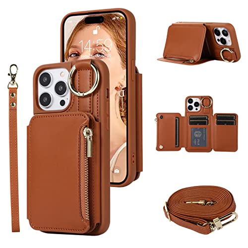 SINQERISHT Handykette Handyhülle für Apple iPhone 12/12 Pro Wallet Hülle PU Leder mit Reißverschluss Kartenfach Ständer & Ring & Armband Handytasche Magnetverschluss Schutzhülle(Braun) von SINQERISHT