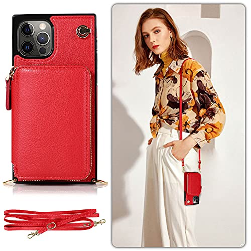 SINQERISHT Handykette Handyhülle für Apple iPhone 12 Pro Max Wallet Hülle PU Leder mit Reißverschluss Kartenfach Ständer Handytasche TPU Bumper Case mit Kordel Kette Schutzhülle Cover(Rot) von SINQERISHT