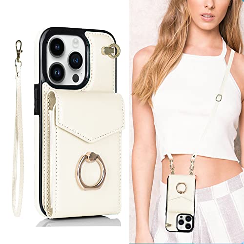 SINQERISHT Handykette Handyhülle für Apple iPhone 13 Mini Wallet Hülle PU Leder Case mit Kartenfach, Brieftasche mit 360° Ring Ständer und Trageband Klapphülle Magnetverschluss Cover(Weiß) von SINQERISHT