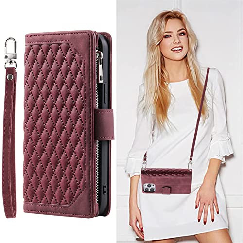 SINQERISHT Handykette Handyhülle für Samsung Galaxy A12 5G Wallet Hülle PU Leder mit Reißverschluss Kartenfach Ständer und Trageband Handytasche TPU Bumper Case Magnetverschluss Schutzhülle(Wine Rot) von SINQERISHT