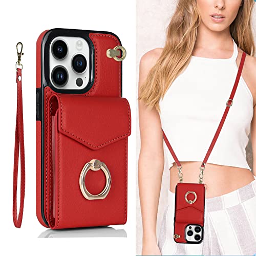 SINQERISHT Handykette Handyhülle für Samsung Galaxy A42 5G Wallet Hülle PU Leder Case mit Kartenfach, Brieftasche mit 360° Ring Ständer und Trageband Klapphülle Magnetverschluss Cover(Rot) von SINQERISHT