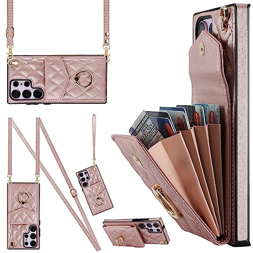 SINQERISHT Handykette Handyhülle für Samsung Galaxy S20 FE Wallet Hülle Mode Leder Case mit Kartenfach, Brieftasche mit 360° Ring Ständer Klapphülle Magnetverschluss Cover(Roségold) von SINQERISHT