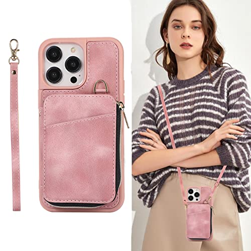 SINQERISHT Handykette Handyhülle für Samsung Galaxy S20 Plus Wallet Hülle PU Leder mit Reißverschluss Kartenfach Ständer und Trageband Handytasche TPU Bumper Retro Schutzhülle(Roségold) von SINQERISHT