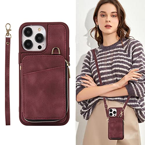 SINQERISHT Handykette Handyhülle für Samsung Galaxy S20 Plus Wallet Hülle PU Leder mit Reißverschluss Kartenfach Ständer und Trageband Handytasche TPU Bumper Retro Schutzhülle(Weinrot) von SINQERISHT