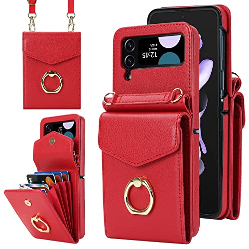 SINQERISHT Handykette Handyhülle für Samsung Galaxy Z Flip 3 5G 2021 Wallet Hülle PU Leder Case mit Kartenfach, Brieftasche mit 360° Ring Ständer Klapphülle Magnetverschluss Cover(Rot) von SINQERISHT