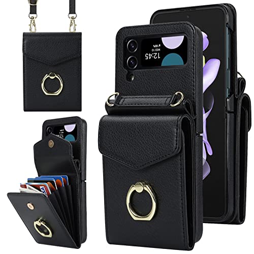 SINQERISHT Handykette Handyhülle für Samsung Galaxy Z Flip 4 5G 2022 Wallet Hülle PU Leder Case mit Kartenfach, Brieftasche mit 360° Ring Ständer Klapphülle Magnetverschluss Cover(Schwarz) von SINQERISHT