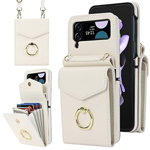 SINQERISHT Handykette Handyhülle für Samsung Galaxy Z Flip 4 5G 2022 Wallet Hülle PU Leder Case mit Kartenfach, Brieftasche mit 360° Ring Ständer Klapphülle Magnetverschluss Cover(Weiß) von SINQERISHT