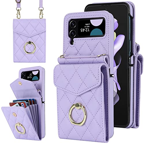 SINQERISHT Handykette Handyhülle für Samsung Galaxy Z Flip 4 5G Wallet Hülle PU Leder Case mit Kartenfach& 360° Ring Ständer Klapphülle Magnetverschluss Cover(Lila) von SINQERISHT