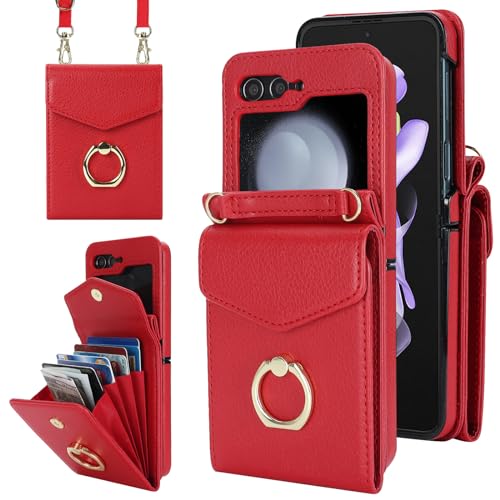 SINQERISHT Handykette Handyhülle für Samsung Galaxy Z Flip 5 5G 2023 Wallet Hülle PU Leder Case mit Kartenfach, Brieftasche mit 360° Ring Ständer Klapphülle Magnetverschluss Cover(Rot) von SINQERISHT