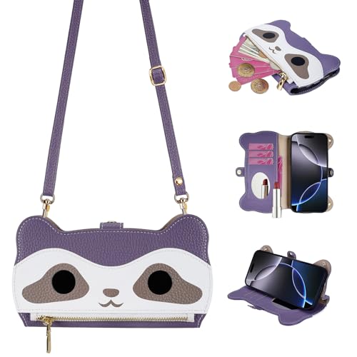 SINQERISHT Handykette Handyhülle für iPhone 12 Pro Max Wallet Hülle Leder mit Reißverschluss Kartenfach Ständer und Kordel Kette【Spiegel】 Handytasche Magnetverschluss Waschbären Klapphülle von SINQERISHT