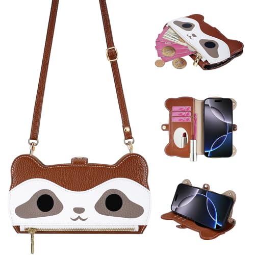SINQERISHT Handykette Handyhülle für iPhone 16 Plus Wallet Hülle Leder mit Reißverschluss Kartenfach Ständer und Kordel Kette【Spiegel】 Handytasche Magnetverschluss Waschbären Klapphülle von SINQERISHT