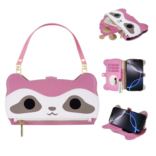 SINQERISHT Handykette Handyhülle für iPhone 16 Wallet Hülle Leder mit Reißverschluss Kartenfach Ständer und Armband【Spiegel】 Handytasche Magnetverschluss Waschbären Klapphülle von SINQERISHT