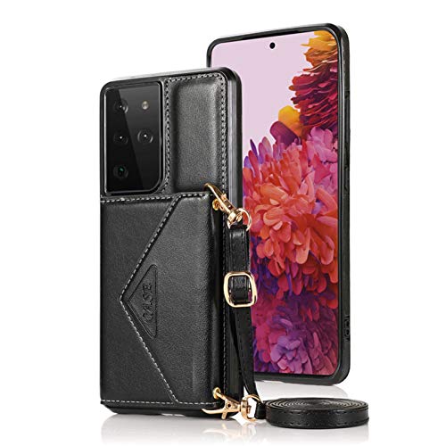 SINQERISHT Handykette Hülle Kompatibel mit Samsung Galaxy A21s Handyhülle PU Leder Flip Wallet Handytasche TPU Bumper Case mit Band und Kartenfach [Ständer Funktion] Schutzhülle(Schwarz) von SINQERISHT