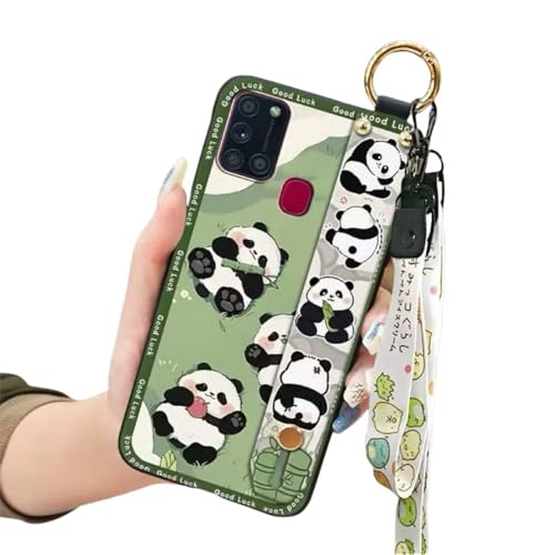 SINQERISHT Handykette Silikon Hülle für Galaxy A05 4G Handyhülle mit Armband Ständer und Kette Stoßfest Weich TPU Panda Cover Handytasche mit Kordel Umhängenband(Äpfel Panda) von SINQERISHT